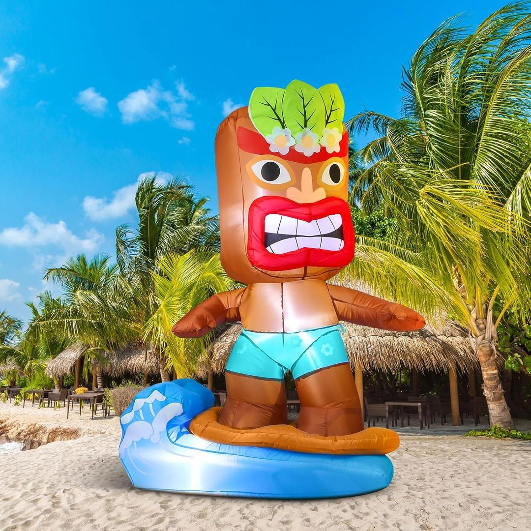 Shappy 5ft Inflatable Tiki Surfboard Decorations Luau Hawaiian Party Decorations Summer Inflatables Outdoor LED Lighted Tiki Blow up Beach Tropical Pool Surfing Yard Party Supplies Favors