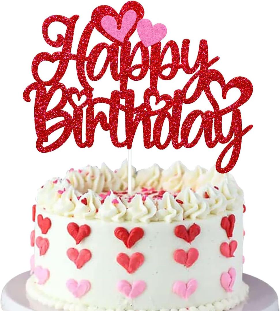 Valentine's Day Birthday Cake Topper Valentine's Romantic Heart Love Sweetheart Theme for Kid Boy Girl First Second Bday Party Supplies Glitter Decorations