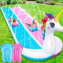 Foilswirl 20ft 3D Unicorn Slip Water Slide Double Lane Lawn Water Slides 3 Sided Safe Fence Inflatable Slide with 2 Bodyboards and Sprinkler Heavy Duty Water Slide for Boy Girl Outdoor Backyard Play, Large