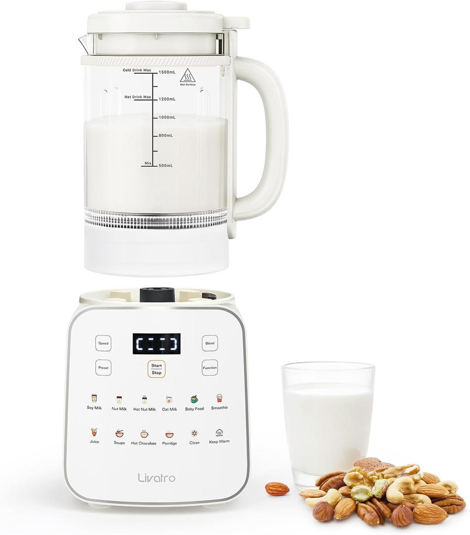 50.73oz Nut Milk Maker Machine: 12-in-1 Automatic Soy Milk Maker with Detachable Design, Homemade Juice,Almond,Oat Milks for Plant-Based Milks, 24H Delay Start/Keep Warm/Auto-Clean/Safety Lock