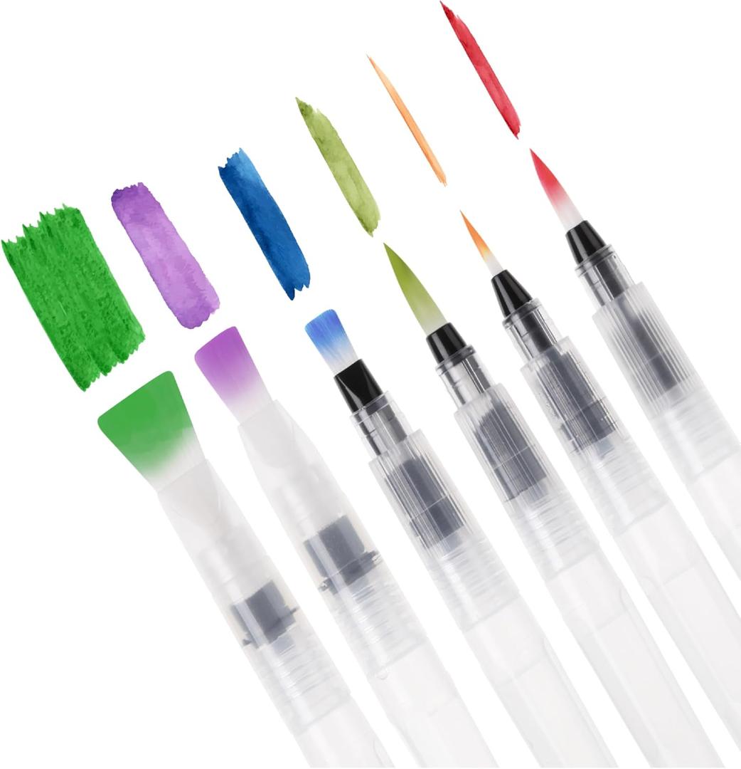Mr. Pen- Watercolor Brush Pens, 6 pcs, 3 x Point Tips and 3 x Flat Tips Styles, Nylon Bristles, Refillable Watercolor Pens for Acrylic, Gouache, Crayons, Ideal for Artists, Drawing, Sketching