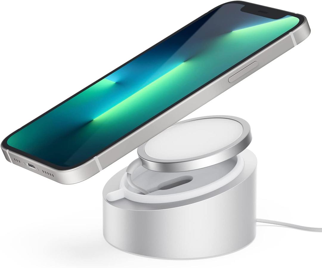 Stouchi Mag- Safe Charger Stand for 25W/ 15W MagSafe Charger Heavy-Duty Premium Metal Holder Base Desktop Tablet Mount for iPhone 17/ 16 Pro / 16/ 15 Pro/ 15/ 14/ 13/ 12 -Silver