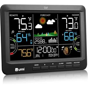 Weather Station Indoor Outdoor Thermometer Wireless, Home Atomic Clock with Large Constant Display, Inside Outside Temperature Humidity Monitor, Dew Heat Point, Barometer Black