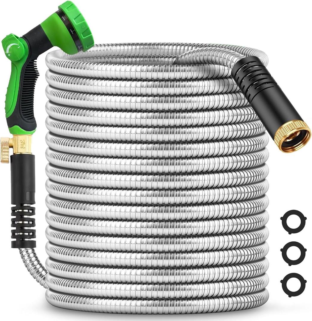 75Ft Metal Garden Hose durable stainless steel Water Hose, flexible, lightweight hose is resistant to kinks and tangles, With 10-way nozzle, strong 3/4 metal fittings, and a Stop Valve (Silver)