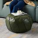 Louis Donn Handmade Moroccan Boho Chic Eco-Friendly Waterproof Faux Leather Unstuffed Pouf Ottoman Cover,Round Storage DIY Foot Rest, Ethnic Decorative Accent for Living Room BedroomGreen