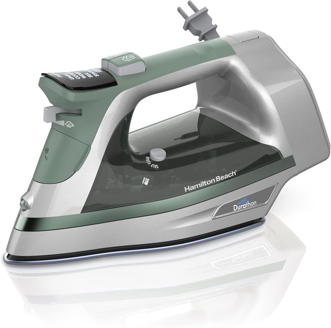 Hamilton Beach Steam Iron & Vertical Steamer for Clothes with ScratchResistant Durathon Soleplate, Digital Fabric Selector + 8’ Retractable Cord, 3Way Auto Shutoff, AntiDrip, 1800 Watts, Green