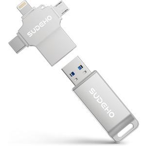 MFi Certified Photo Stick 256GB USB Flash Drive for iPhone, 4 in 1 External Memory Thumb Drive for Picture Video Saver and Backup, High Speed Memory Stick Pen Drive for iPhone/iPad/Android/PC (Silver)