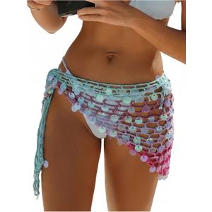 OYOANGLE Women's Sequins Crochet Bohemian Bikini Cover Up Hollow Out Ombre Wrap Sparkly Beach Skirt