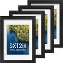 9x12 Picture Frame Set - 4 Pack, Black Wood Photo Frames - Tempered Glass - Displays Photos 6x8 with Mat or 9 x 12 without - Room, Office, Gallery, Studio, and Hallway Decor - Wall Hanging