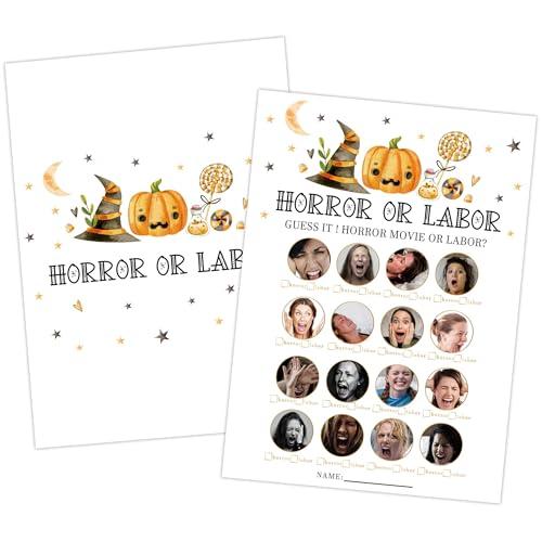 Halloween Labor or Horror Baby Shower Game, 30pcs Witch Hat Pumpkin Gender Reveal Games Cards, Baby Shower Activities for Guests, Halloween Gender Reveal Decorations Party Favors (Orange Black)