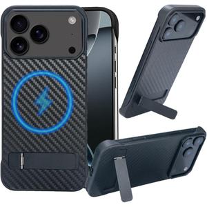 for iPhone 17 Pro Case Compatible with MagSafe, Built-in 3 Ways Kickstand & Strong Magnetic, Frameless Carbon Fiber Bump Texture, Minimalist Borderless Slim Case for iPhone 17 Pro (Black)