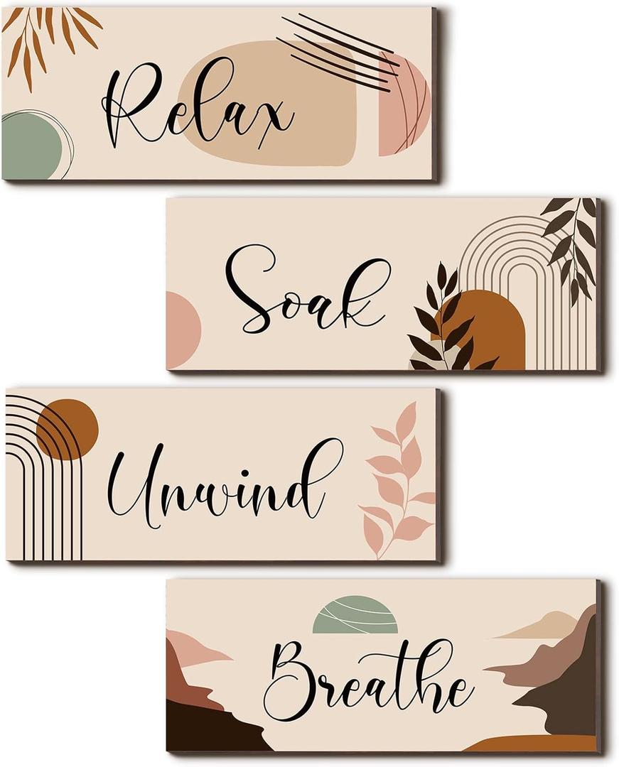 Yulejo 4 Pcs Boho Bathroom Wall Decor Bathroom Wall Arts Relax Soak Unwind Breathe Wooden Sign Rustic Farmhouse Paintings for Home Washroom