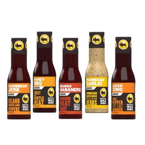 Buffalo Wild Wings Sauce Variety Pack | 5 Flavors: Honey BBQ, Mango Habanero, Parmesan, Asian Zing, Caribbean Jerk, 12 Ounces (Pack Of 5) (EXP 05/30/26)