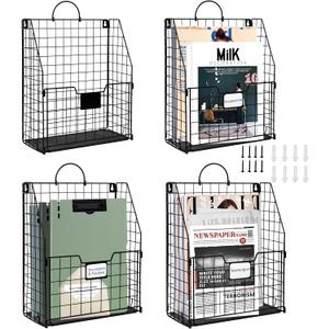 DILIBRA 4 Packs Hanging Wall File Organizer, Foldable Wall Magazine File Holder with Handle and Tag Slot, Metal Wall Mounted Mail Organizer Rack Folder Holder for Document Office Door Home Black