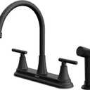 HURRAN 2-Handle Kitchen Faucet with Pull-Out Side Sprayer, 8 Inch High Arch Stainless Steel 360Rotating Kitchen Sink Faucet, 4 Hole Faucet for Kitchen Bar Rv Camper, Black