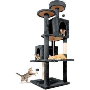 58.5inch Large Cat Tree Tower Condo for Indoor Cats, Soft Plush Multi-Level Climbing Tree Cat House with 1 360 Rotating Cat Cave, Scratching Post, More Entrance/Exit, Sisal Rope, Grey Black