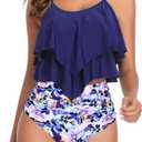 American Trends High Waisted Tankini Swimsuits for Women Flounce Top Tummy Control Bathing Suits (10-12, 19 Navy-purple Floral)