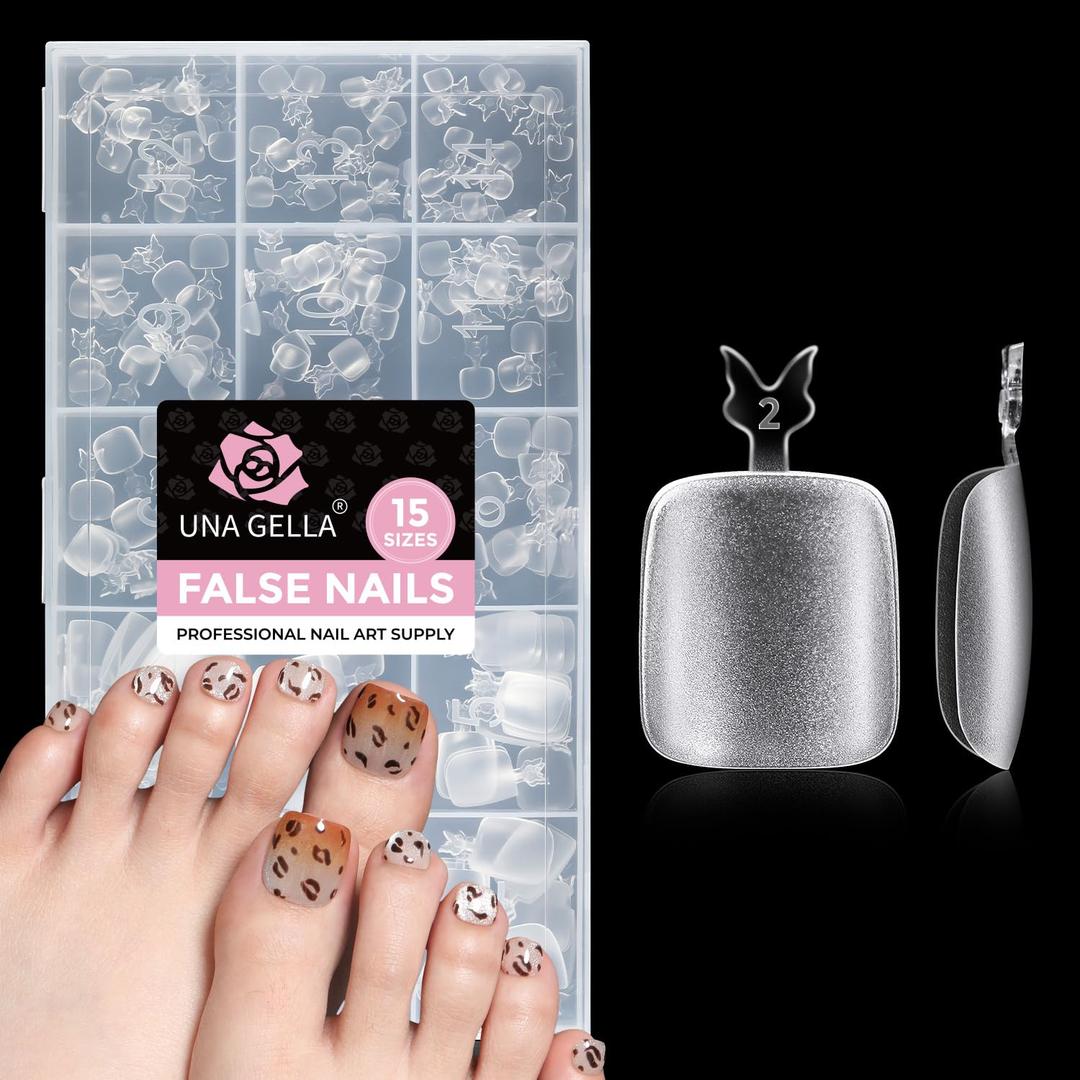 UNA GELLA Toe Nail Tips Full Cover, 216 Pcs Square Round Toe Nail Press Ons Clear Pre-shape Gel Toe Nail Tips Double Matte Acrylic Fake Toenails Extensions DIY Home Nail Salon for Women, 15 Sizes