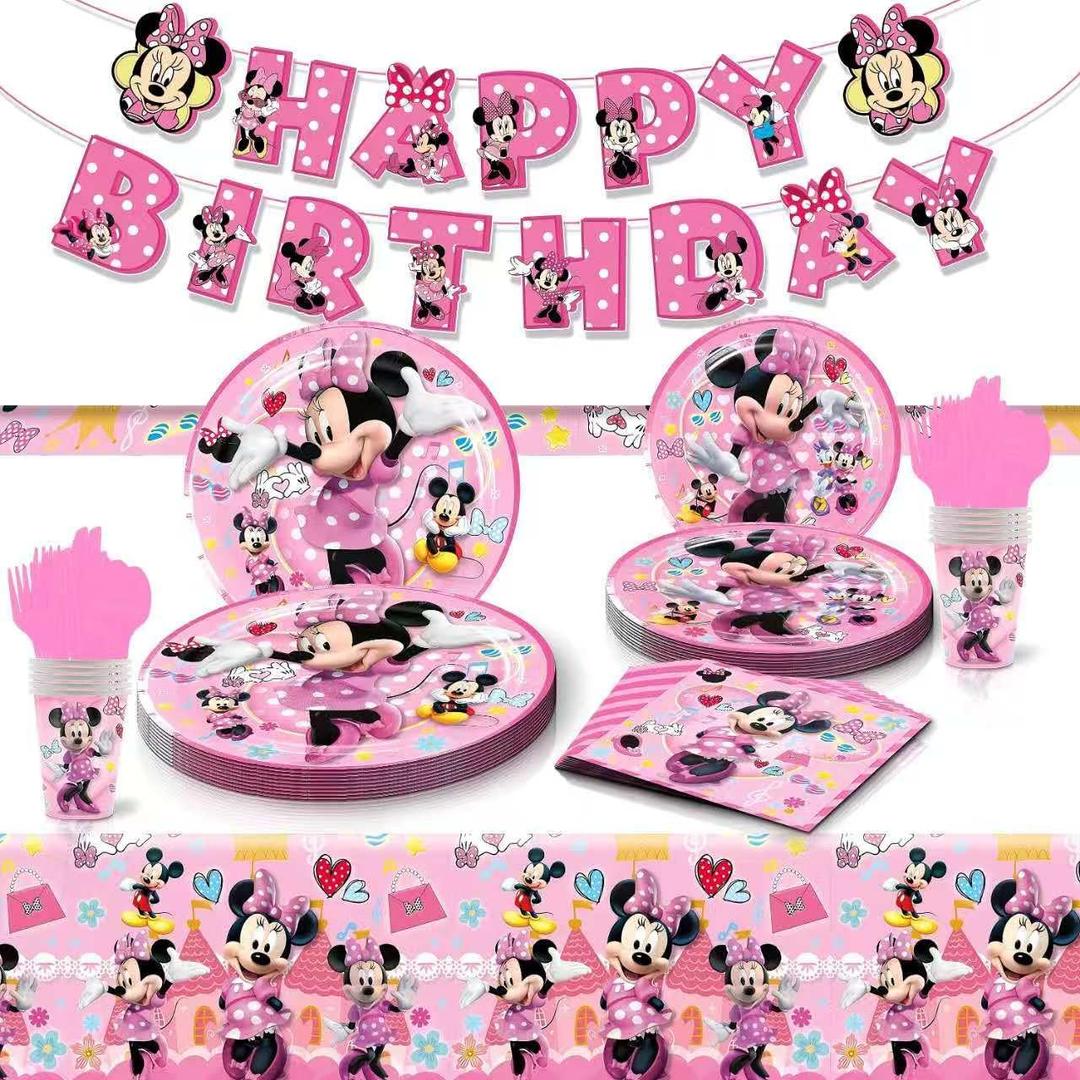 62 Psc For Minnie Birthday Party Supplies Set, Pink Theme, with Banner, Plates, Cups, Utensils, Napkins, Tablecloth