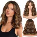 FAVE 14 Inches Wavy Bob Wig for Women Synthetic Brown Wig with Peekaboo Highlights Natural Looking Bob Wig with Bangs Lightweight& Soft Hair Replacement Wigs