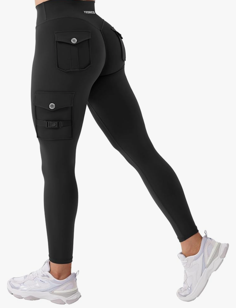 YEOREO CoreFlex Workout Cargo Leggings with Pockets for Women Hidden Scrunch Butt Lifting Leggings Gym Yoga Pants, Size S, Fit Type: 3 Pockets 25" Inseam