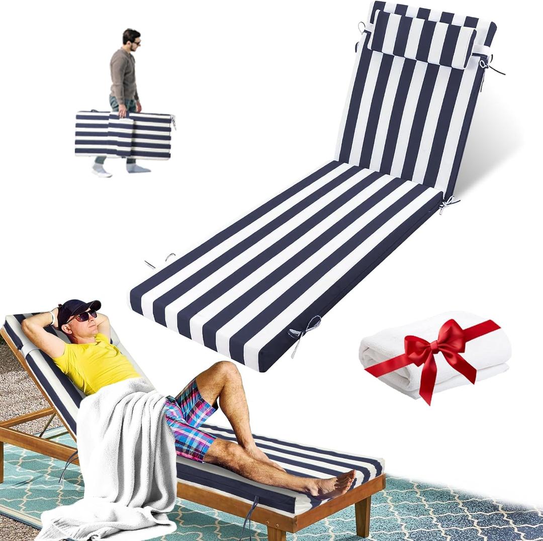 Outdoor Chaise Lounge Cushion, Waterproof Lounge Chair Cushions, 3 in High-Density Sponge Patio Furniture Chaise Replacement Cushions with Headres for Lawn Pool (Navy Blue White Stripes, 1PCS)