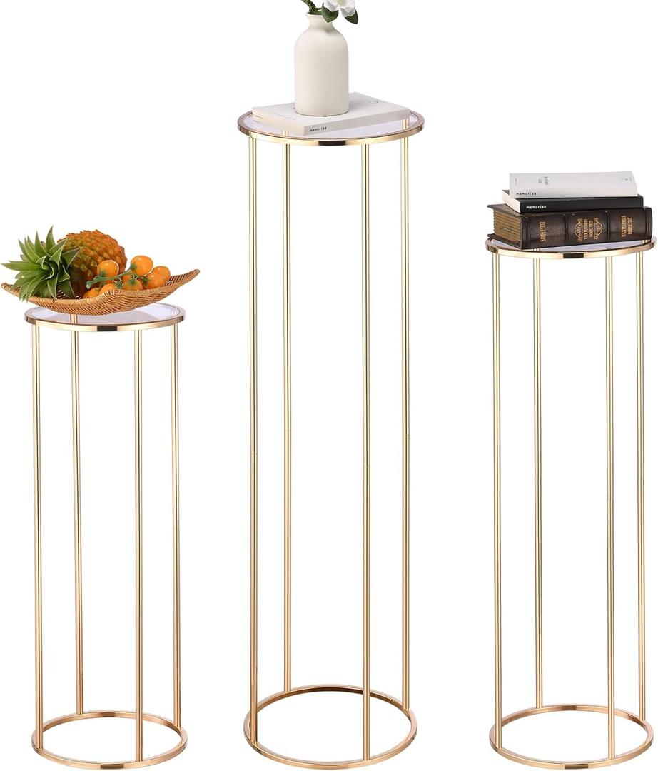 3pcs Gold Metal Cylinder Pedestal Stand, Round Display for Wedding & Party Decor, Cake Plant Vase Stand, Birthday Backdrop Column