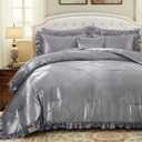 Grey Comforter Set Queen Sheet Set Silk Like Satin Bedding Set Silky Bed in a Bag 8 Pcs Pinch Pleat Bed Set Home Decor Luxury Hotel Silky Ruffle Down Comforter with 1 Cushion Cover