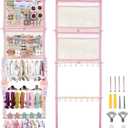 Headband Holder, 17x50in Bow Holder for Girls Hair Bows W/ 2 Mesh Pockets & 24 Metal Hooks, Baby Headband Bow Organizer, Wall Hanging Hair Accessories Storage for Toddler Room Nursery Decor(Pink)