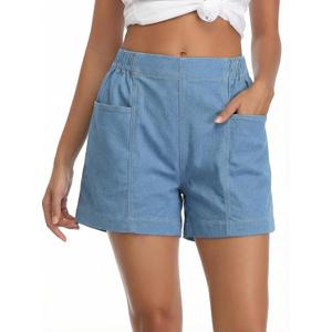 Fuinloth Women's Denim Shorts, Elastic Wasit Mid Rise Loose Fit with 2 Front Pockets, Stretchy Jeans Short Pants Light Blue X-Large