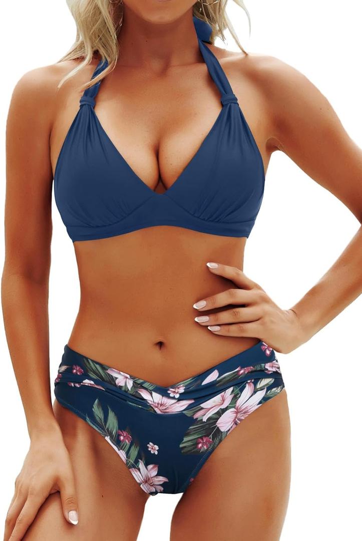 Yonique Women Two Piece Bathing Suits Push Up Bikini Set Halter Swimsuit Vintage Swimwear (Large, Dark Blue Flower)
