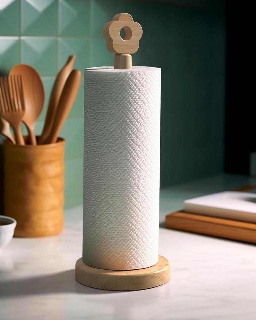 Cute Wooden Paper Towel Holder Stand - Kitchen Paper Hanger Rack Bathroom Towel Roll Stand Organizer Simply Standing Countertop Paper Roll Holder, Flower