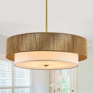 Kackae Boho Rattan Chandelier 24'' Gold Hand Woven Chandeliers with Fabric Shade 5-Light Drum Pendant Light Fixture for Dining Room Bedroom Kitchen Hallway Foyer