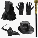 Halloween Plague Doctor Mask Accessories Adults 6 Pcs Black Steampunk Costume Crow Mask Cape Hat Gloves Cane for Cosplay