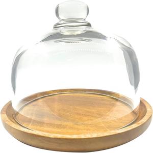 6 Inch Wooden Base Small Cake Display Stand with Glass Dome,Cloche Clear Glass Bell Jar Cover for Dessert Cheese Candy Plants Succulents (6 Inch Round)