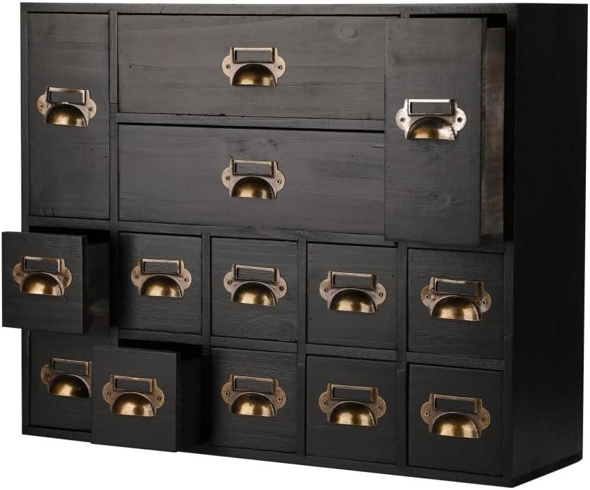 Apothecary Drawers Card Catalog Cabinet with 14 Drawers Wooden Card Catalog Wooden Storage Box for Desktop Organizer (Black)
