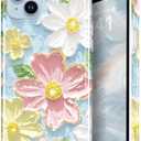 Compatible with iPhone 15 Case Sparkle Glitter Retro Oil Painting Printed Flower Design Slim Shockproof Protective TPU Soft Silicone Cover Phone Case Blue Pink