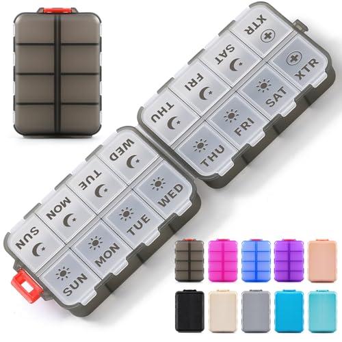 Foldable Weekly Pill Organizer 2 Times a Day with 2 Extra Compartments - Etched Label - Portable 7 Day AM PM Medicine Box, Week Daily Travel Pill Case Holder for Meds, Vitamin, Supplement, Clear Black