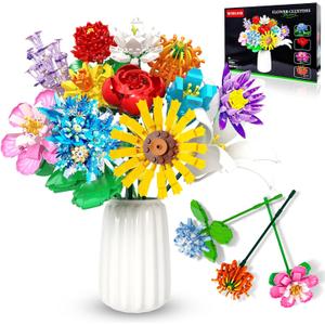 Flowers Bouquet Building Set 980 PCS - 12 Kinds of Flowers Botanical Collection and Decorative Home for Mother's Day, Birthdays, Valentine's Day Gifts Ideal for 6+ Women Girls Adults, No Vase