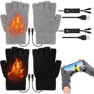 JaGely 2 Pairs USB Heated Fingerless Gloves Rechargeable Winter Hand Warmers Heating Mittens with 3 Temperature for Men Women