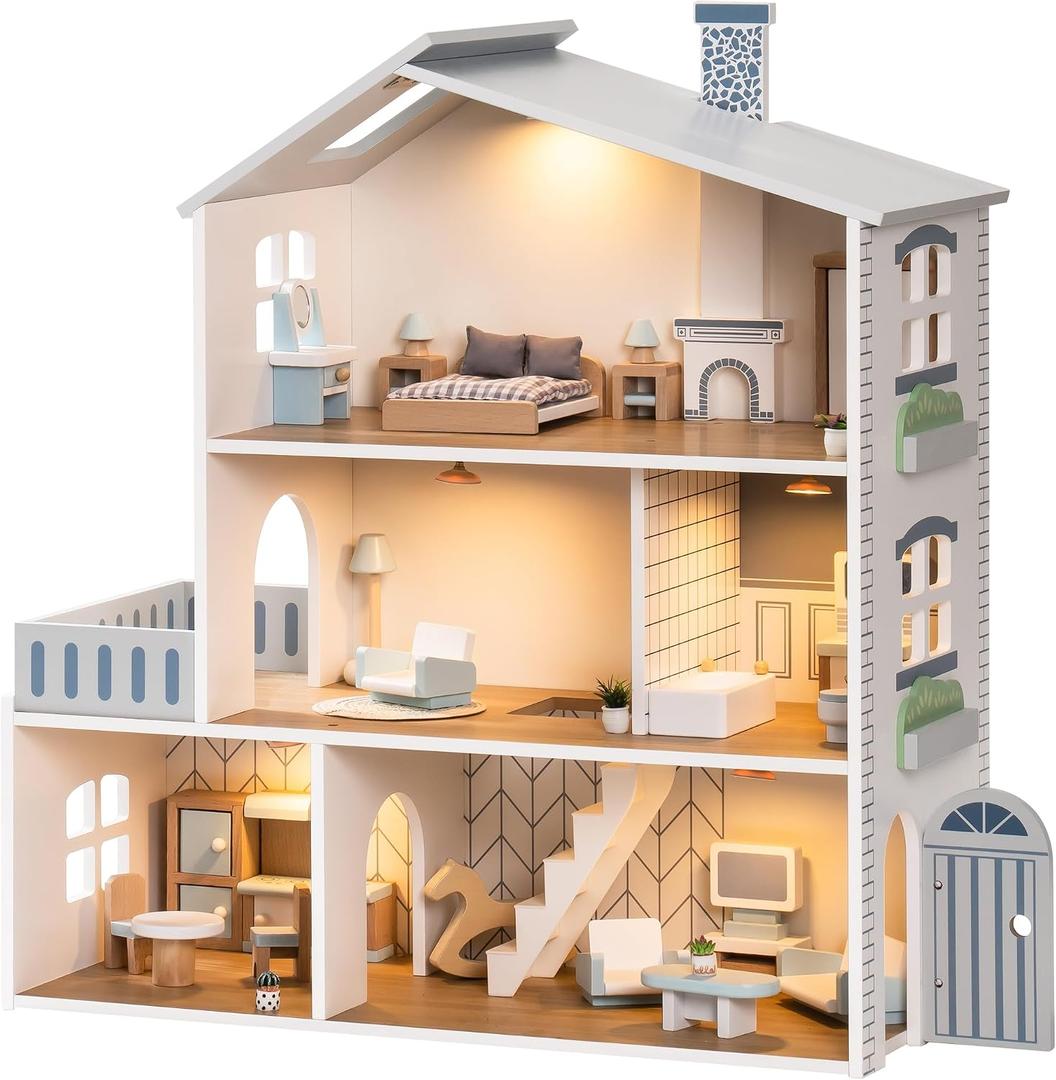 ROBUD Doll House, Wooden Dollhouse with 6 Rooms, 29-pcs Realistic Accessories, Dollhouse Playset for 4-6 Inch Dolls, Gifts for Kids & Toddlers, Nordic Style, Ages 3+, 24.5 X 10.6 X 26 Inches