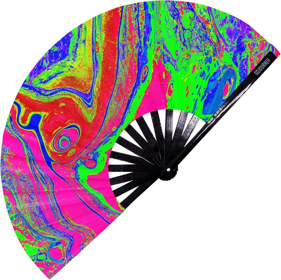 SoJourner Bags Rave Fan - Large Folding Fan - Clack Fan Hand Fan for Raves, Halloween, Burlesque, Rainbow Outfits for Women & Festival Accessories (Psychedelic 1)