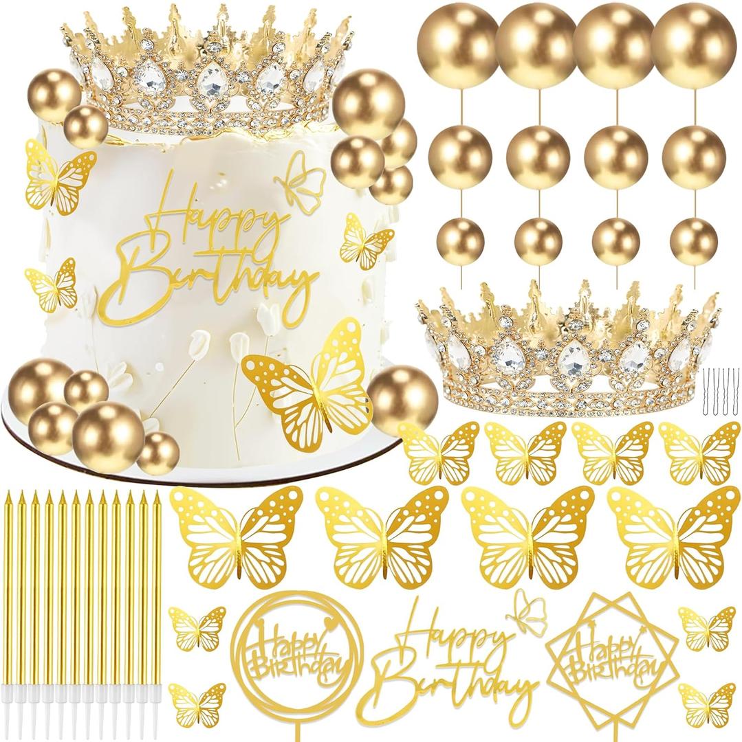 AMZVALU Corona Para Pastel, Crown Cake Topper, 3 Happy Birthday Cake Toppers, Balls Candles Butterflies Cake Decorations, Birthday Crown for Women Queen Princess Party Wedding (Gold, White)