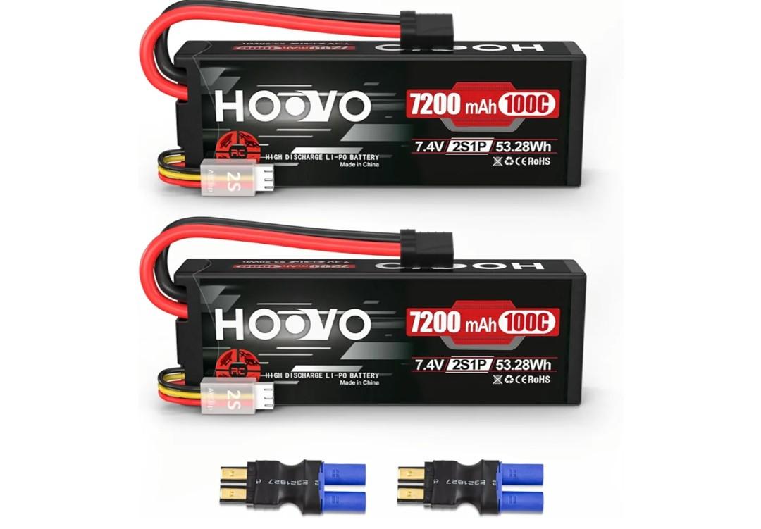 HOOVO 2S Lipo Battery 7.4V 7200mAh 100C RC Lipo Battery Pack Hard Case with TR Plug Compatible with 1/8 and 1/10 RC Truck Vehicles RC Car Truggy Buggy Racing Models-2 Pack 
