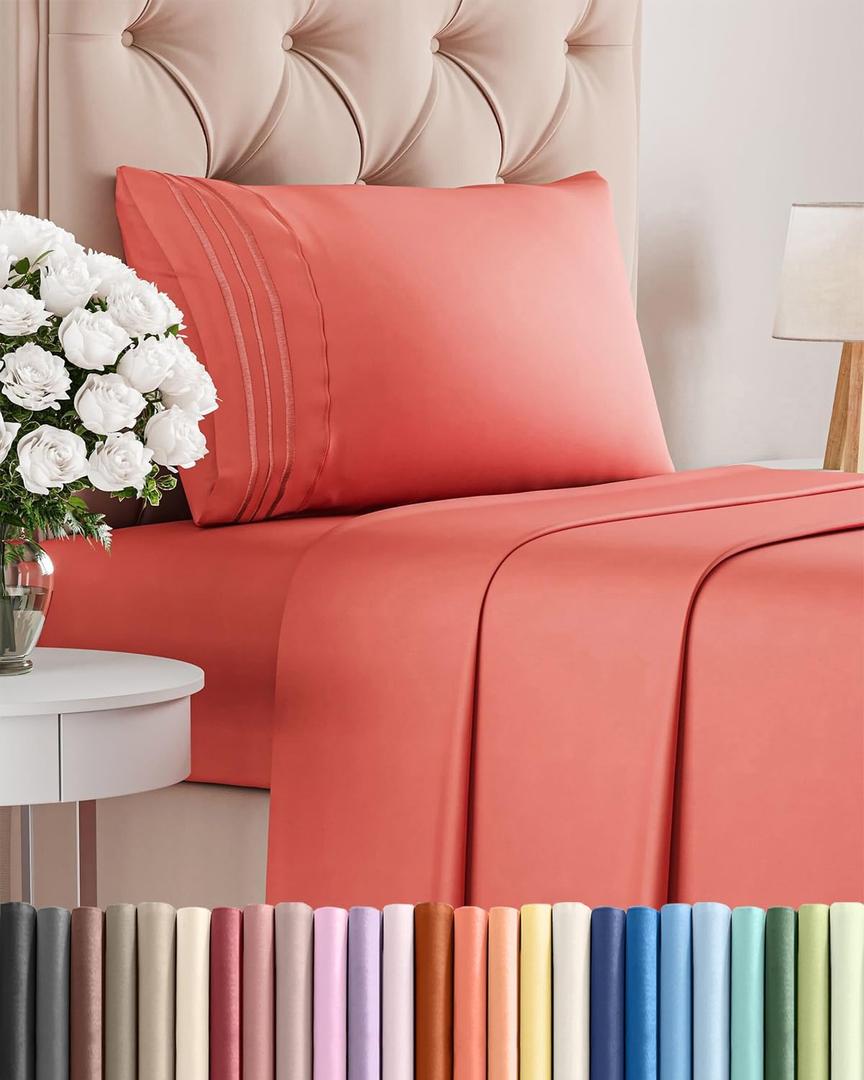 Twin Size 3 Piece Sheet Set - Comfy Breathable & Cooling Bed Sheets Set - Hotel Luxury Bedding for Women, Men, Kids, Teens, Boys & Girls - Deep Pockets, Ultra-Soft and Wrinkle Free - Oeko-Tex - Coral