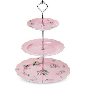 BTaT- Floral 3 Tier Cake Stand, Porcelain, Pastel Pink with Pink Roses & Gold Trim, 3 Tiered Dessert Stand for Cookies, Cupcakes & Fruits