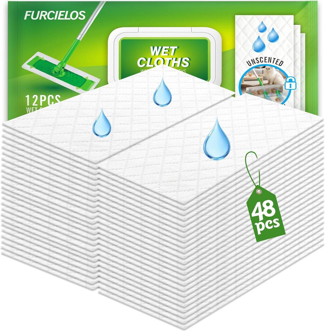 48 Count Wet Pad Refill Heavy Duty Compatible with Swiffer Sweeper Mop, Disposable Wet Mopping Cloths for Multi-Surface Floor Cleaning, Unscented