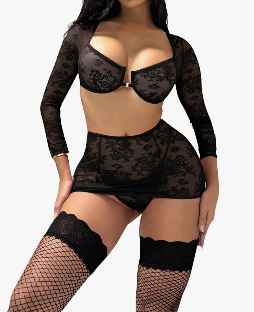 SOLY HUX Women's 4 Piece Lace Underwire Lingerie Set Long Sleeve Babydoll Bra and Panty XL