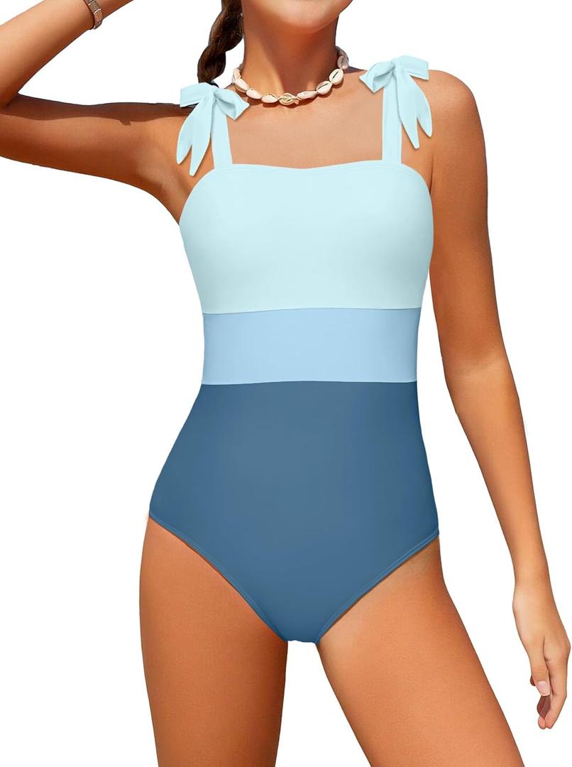 Girls Swimsuit One Piece Casual Color-Block Adjustable Straps Girls Bathing Suit Swimwear Blue 1, 13-14Years