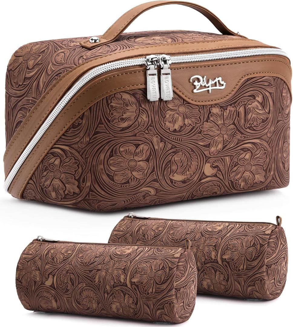 BOYATU Travel Makeup Bags Cosmetic Organizer Bag: 3 Pcs Set Large Capacity Floral Make up Bag with Compartments - Waterproof Leather Toiletry Bags with Handle for Women (19-Brown)